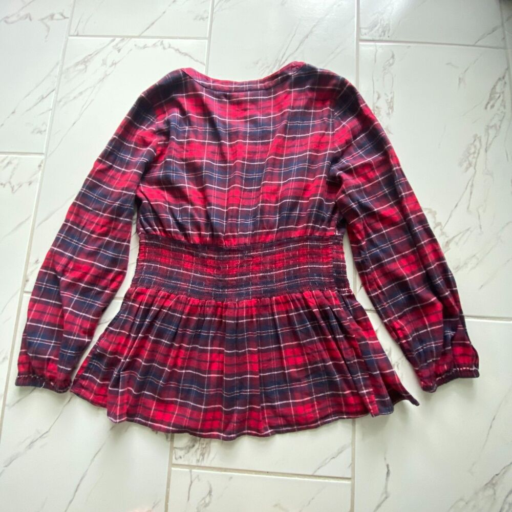 Lane Bryant Womens Size 14 Red Plaid Corset Waist Peplum Long Sleeve Blouse